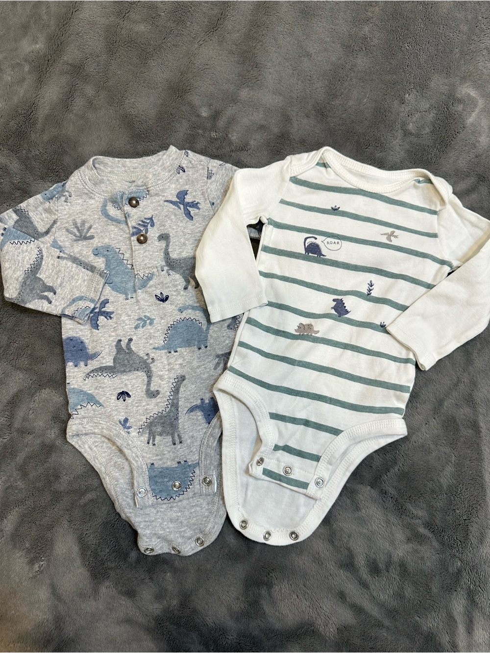 Carter's Gray and White Dinosaur Striped One-Piece Bodysuits